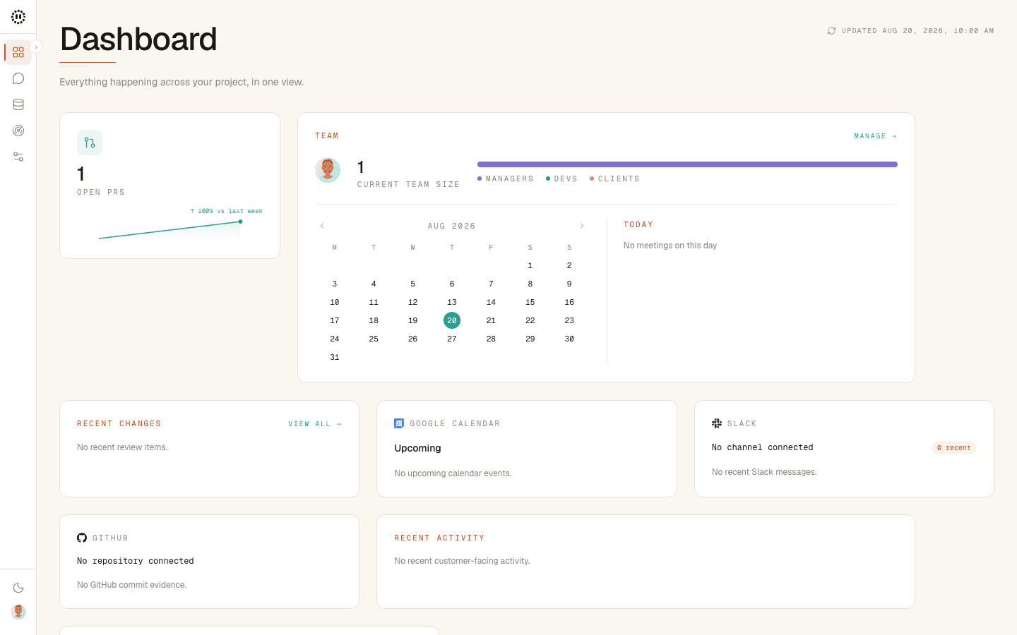 Orchestra dashboard showing recent projects, review tasks and connected sources