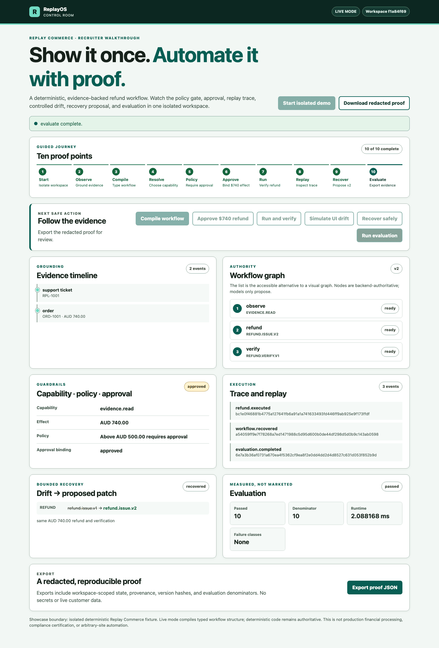 ReplayOS control room showing an approval-gated operational workflow and evidence trace
