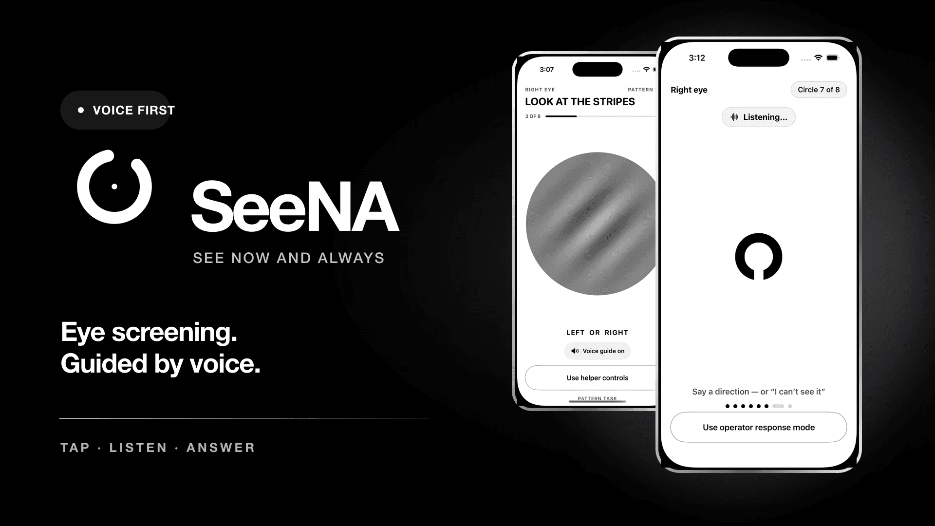 SeeNA product presentation showing the native iPhone Landolt C task interface